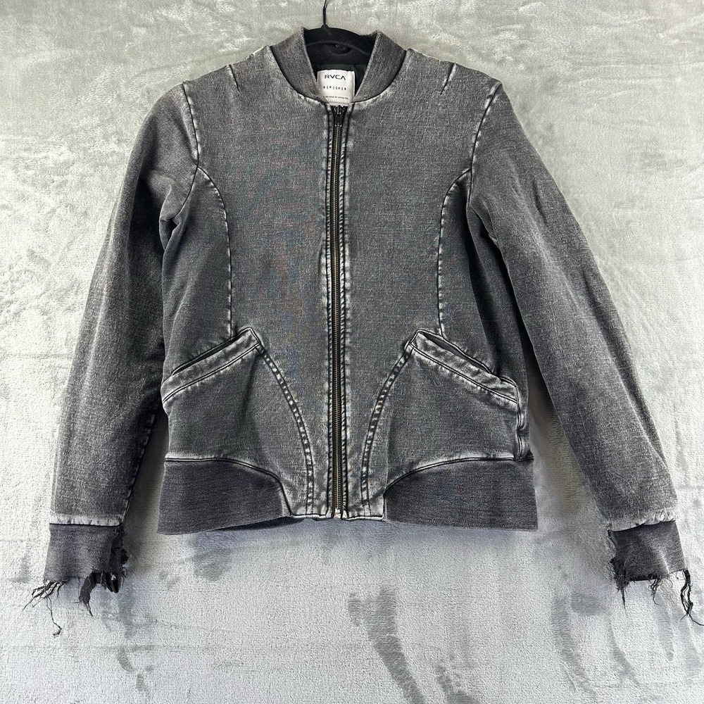 RVCA Soft Bomber Style Jacket Women's S Black Long Sleeve Full Zip Denim Look